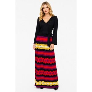 Vtg 70s Maxi Dress Black Top Colorful Crochet Knit Skirt Boho Indie